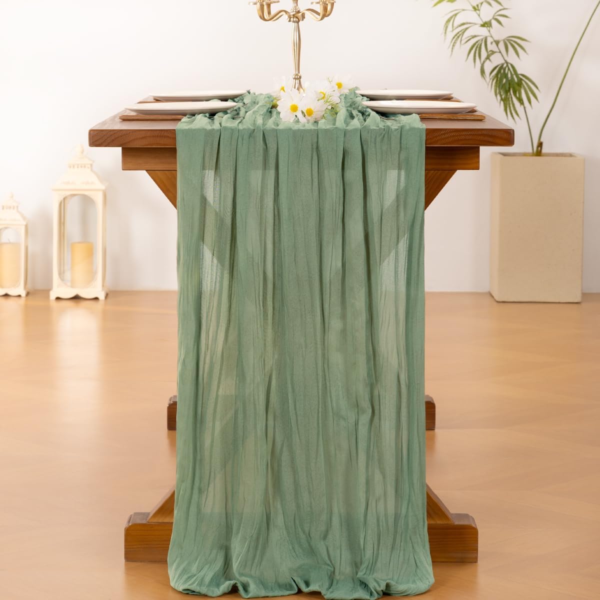 Socomi Cheesecloth Table Runner - Sage Green Boho Rustic Decor | 120 Inch for Weddings & Events