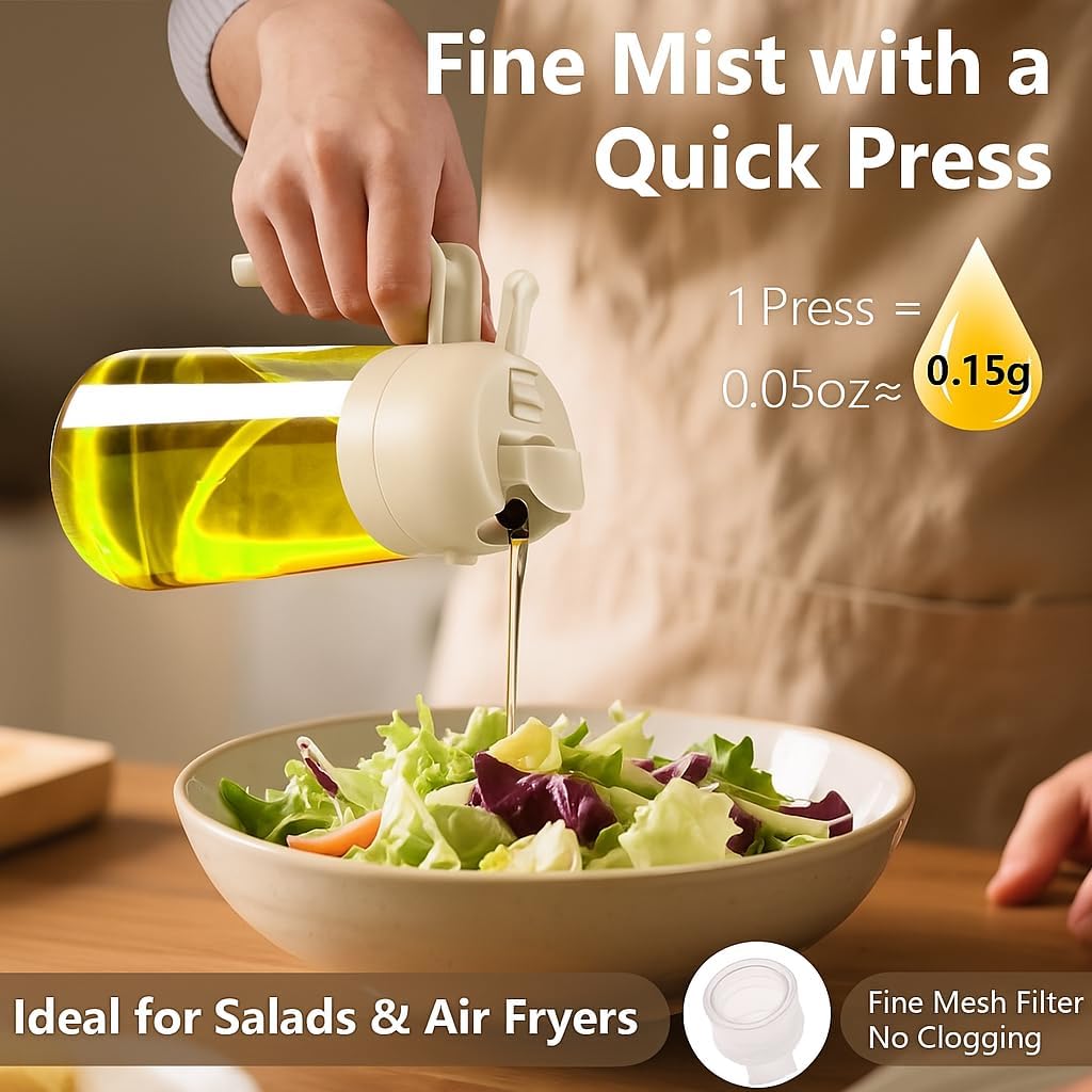 Skiennix 2-in-1 Olive Oil Sprayer & Dispenser - 470ml Glass Bottle for Cooking, BBQ & Salad (White)