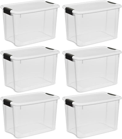 Sterilite Clear Plastic Storage Containers - Stackable 30 Quart & 18 Quart Bins with Latching Lid | 6 Pack