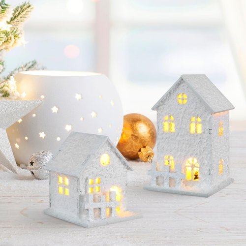 Garneck Christmas Village Set - 3Pcs LED Glowing Houses with Snowflakes | Winter Desktop Ornament