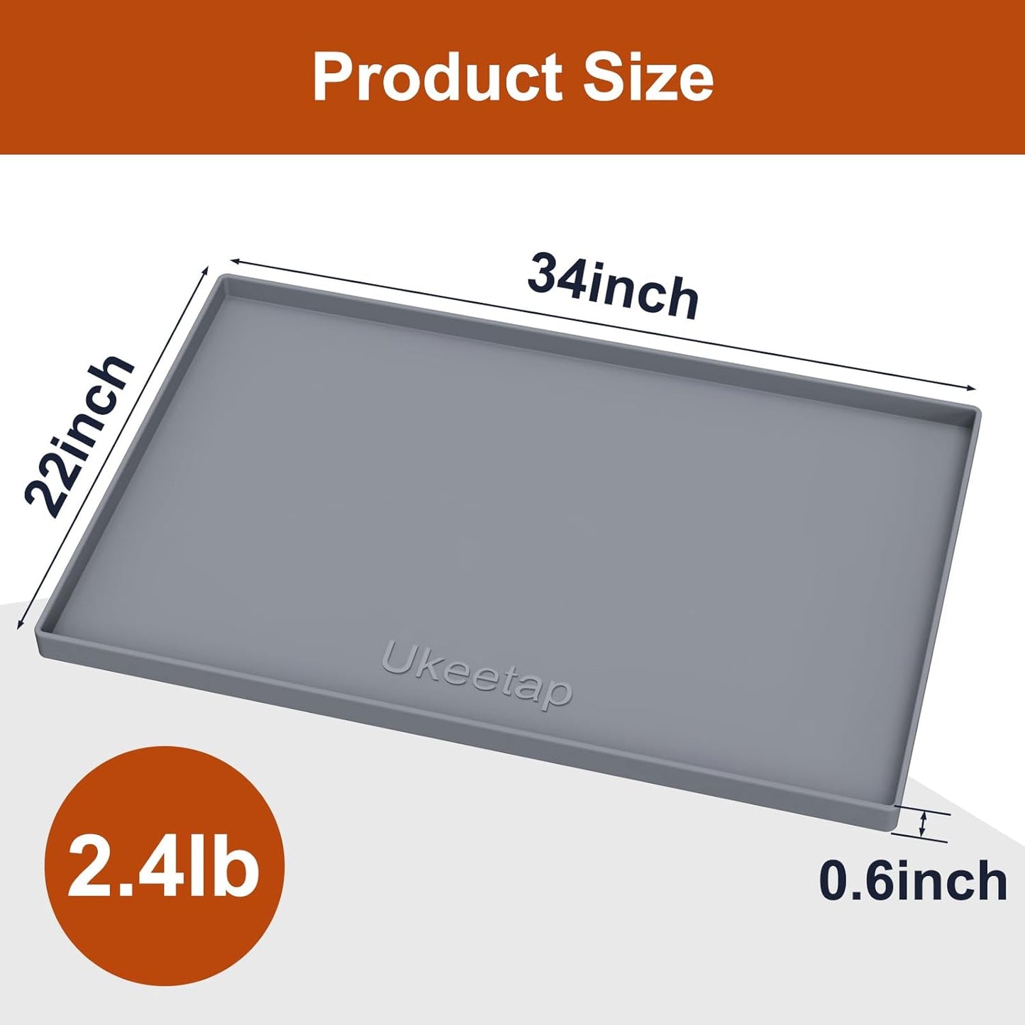 Ukeetap Extra Thick Silicone Mat - Waterproof Under Sink Mat | 34" x 22" for Kitchen & Bathroom Protection - Gray