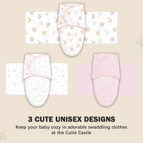 Cute Castle 3-Pack Baby Swaddle Sleep Sacks - Newborn Swaddle Sack - Ergonomic Baby Swaddles Blanket Warp for Boys and Girls - Baby Essentials (0-3 Months - Pink, Moon, Stars)