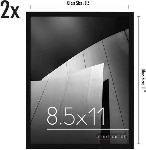 Americanflat 8.5x11 Picture Frame - Shatter-Resistant Glass, Set of 2 - Thin Border for Tabletop & Wall - Black