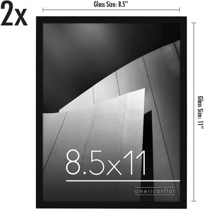 Americanflat 8.5x11 Picture Frame - Shatter-Resistant Glass, Set of 2 - Thin Border for Tabletop & Wall - Black