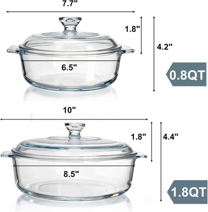 Skiennix Glass Casserole Dish Set - 2 Pack Round Baking Dishes with Lids | 1.8Qt & 0.8Qt, Dishwasher Safe