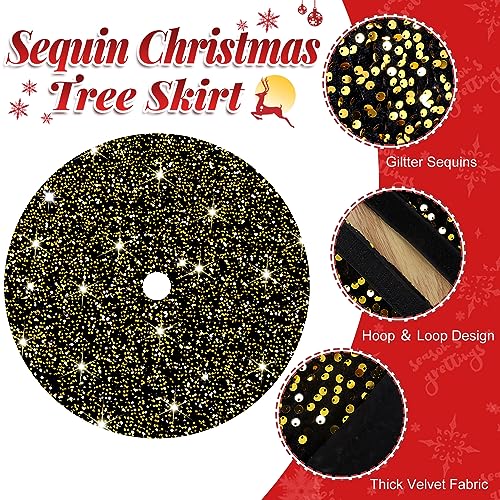 Black and Gold Sequin Christmas Tree Skirt 36 Inch Velvet Holiday Decor