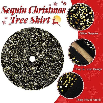 Black and Gold Sequin Christmas Tree Skirt 36 Inch Velvet Holiday Decor