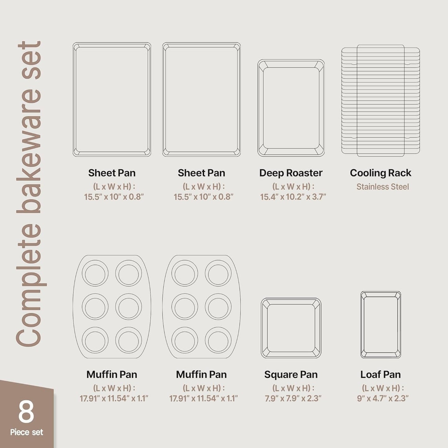 Bakken 8-Piece Stackable Bakeware Set | Non-Stick Ceramic, Ergonomic Handles, Oven-Safe, Assorted Pans