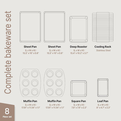 Bakken 8-Piece Stackable Bakeware Set | Non-Stick Ceramic, Ergonomic Handles, Oven-Safe, Assorted Pans