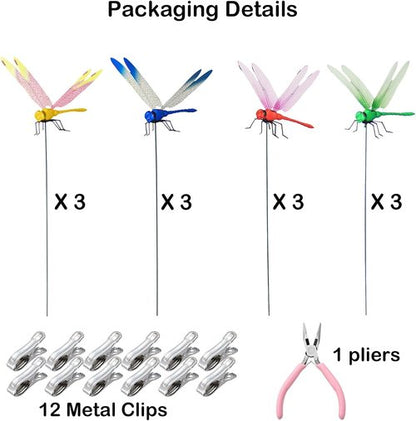 Jongdari Dragonfly Hat Clip - Realistic Fake Dragonflies for Garden Decor | 12 Sets with Pliers & Clips