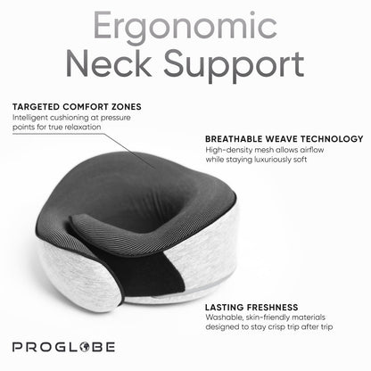 Proglobe Travel Neck Pillows for Airplanes, Sleeping Essentials for Long haul Flights, 360° Head Support, Car and Airplane Kit with 3D Contoured Eye Mask, Earplugs and Luxury Mesh Bag (Adult, Grey)