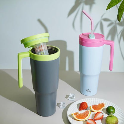Insulated Tumbler with Handle and Straw,40 OZ Vacuum Stainless Steel Water Bottle Travel Mug Metal Cup with Fruit Diffuser,Pink Grey