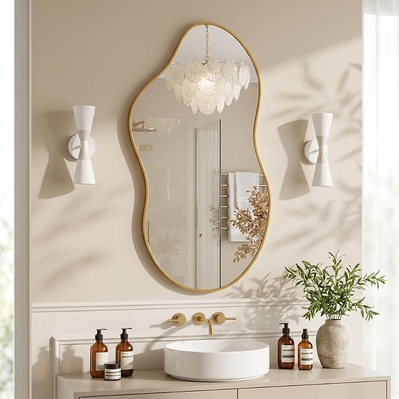 26" x 48" Irregular Wall Mirror – Black & Gold Oval-Edge Framed