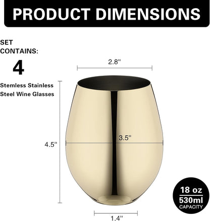 WOTOR Gold Wine Glasses Set of 4, 18oz Unbreakable Gold Goblet, Stemless Stainless Steel Wine Glass, Metal Wine Glass for Outdoor, Travel, Camping, Pool, Ideal Gift for Wine Lovers