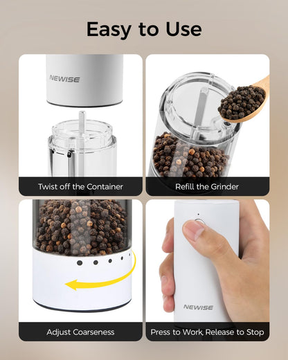 Newise Electric Salt and Pepper Grinder Set Rechargeable with Light, Automatic & Adjustable Coarseness, Kitchen Gadgets, Housewarming Gifts for New Home, 2 Pack, White