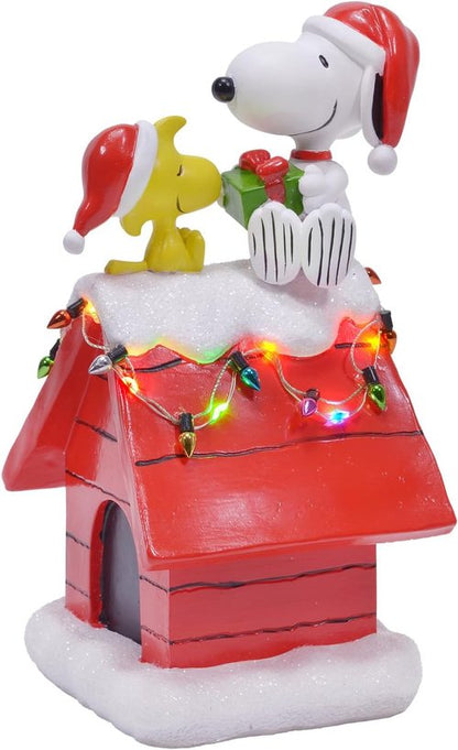 Mark Feldstein Peanuts Snoopy's Dog House Figurine - LED Christmas Lights | 7.5 Inch Red Decor