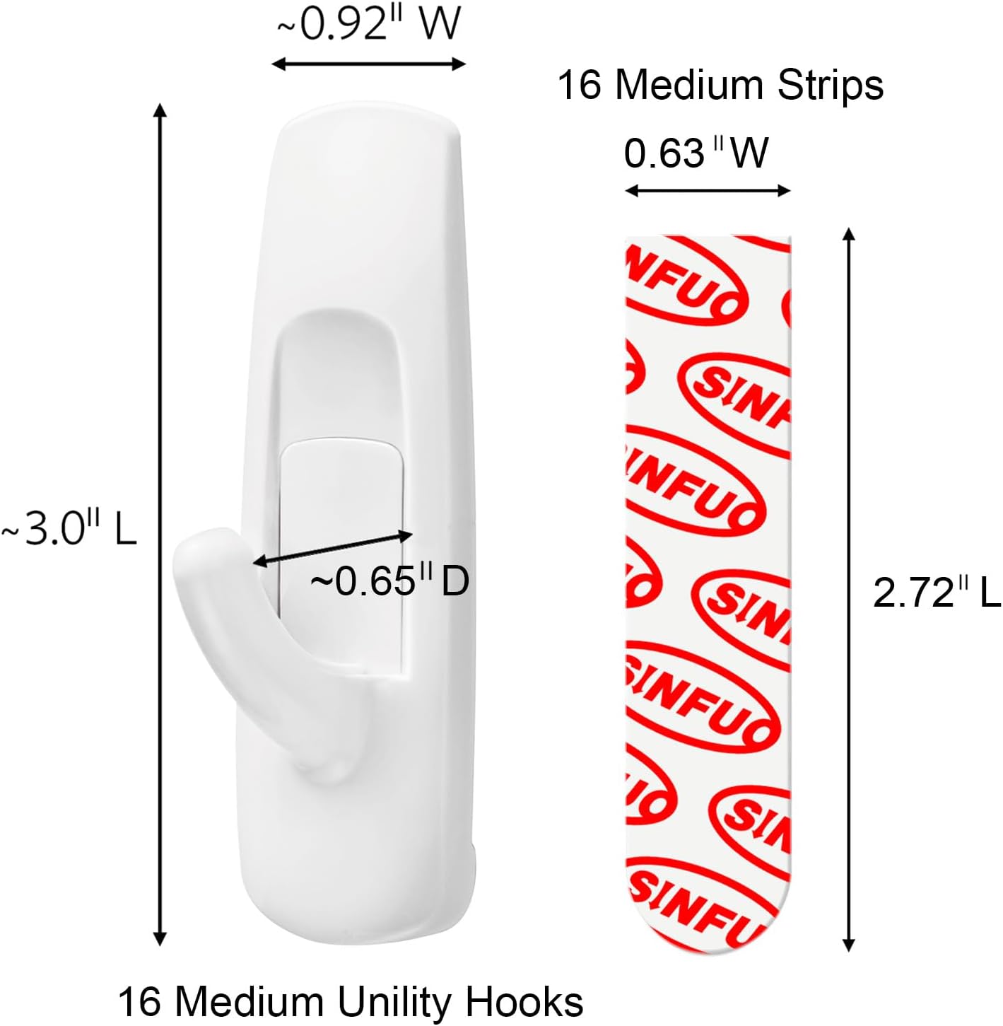Sinfuo Utility Wall Hooks - Heavy Duty Adhesive for Damage-Free Hanging | 16 Hooks & 20 Strips