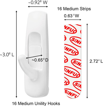 Sinfuo Utility Wall Hooks - Heavy Duty Adhesive for Damage-Free Hanging | 16 Hooks & 20 Strips