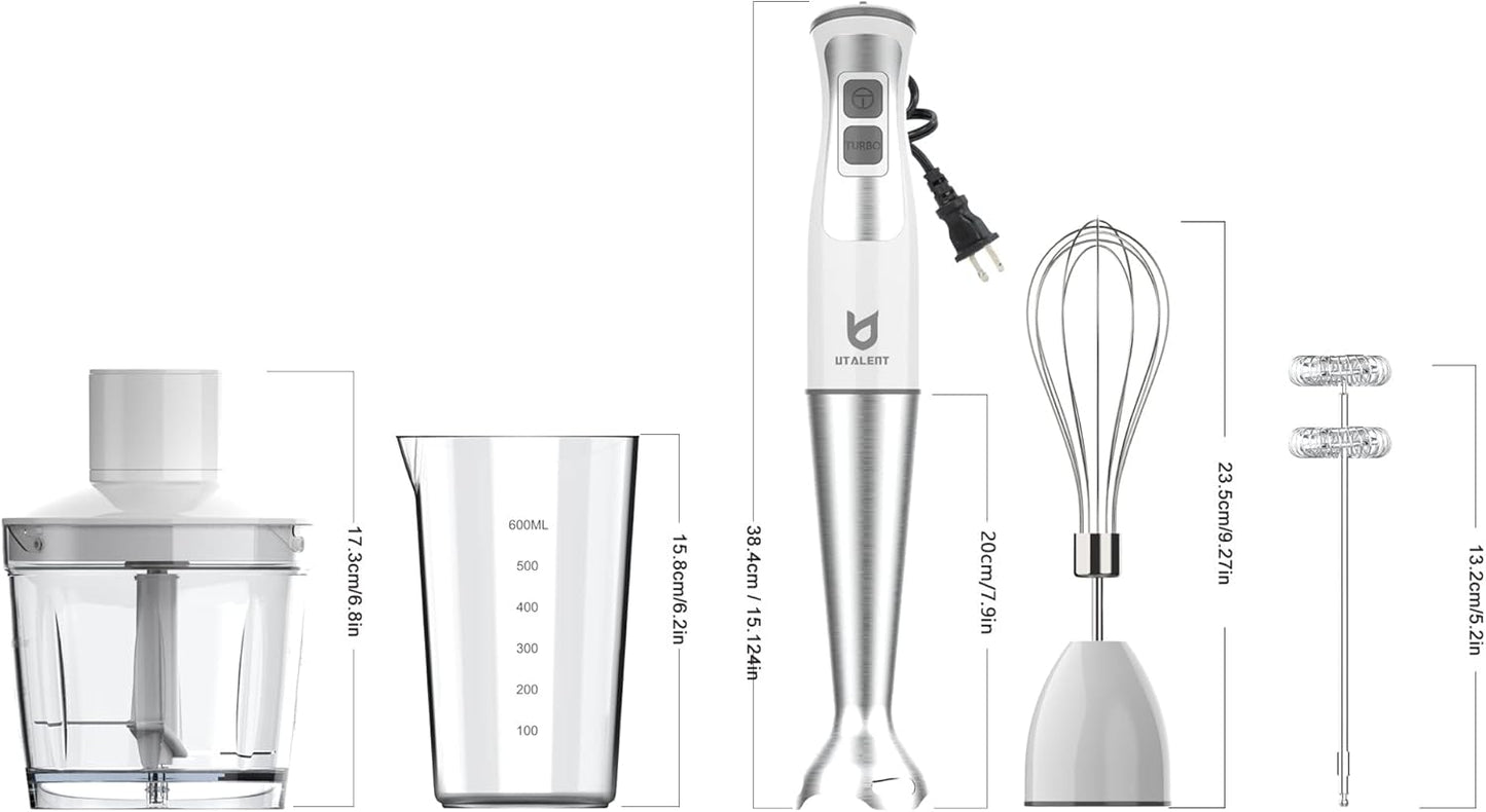 UTALENT Immersion Blender - 5-in-1 8-Speed with Food Grinder, Milk Frother & Egg Whisk - White