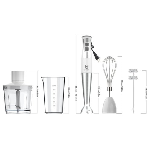 Immersion Hand Blender, UTALENT 5-in-1 8-Speed Immersion Blender with 500ml Food Grinder, 600ml Container,Milk Frother,Egg Whisk,Puree Infant Food, Smoothies, Sauces and Soups - White