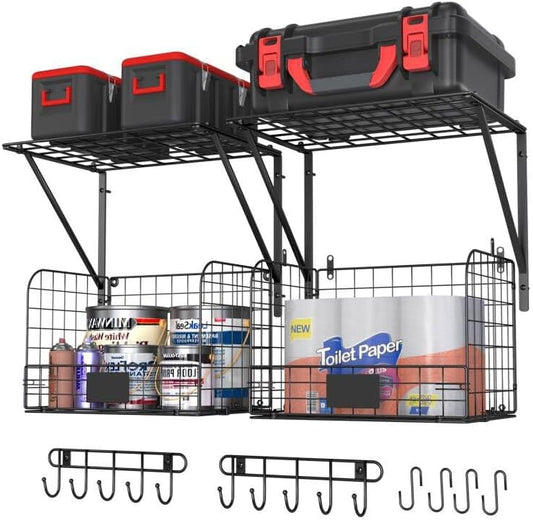 ThreeHio Garage Shelves - Heavy Duty Wall Mounted Storage with Wire Baskets & Hooks | 2 Pack