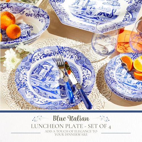 Blue & White Porcelain Luncheon Plates Set of 4 - 10.5-Inch Dinnerware with Eastern-Inspired Border