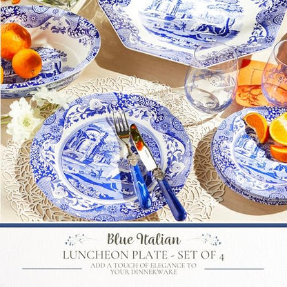 Blue & White Porcelain Luncheon Plates Set of 4 - 10.5-Inch Dinnerware with Eastern-Inspired Border