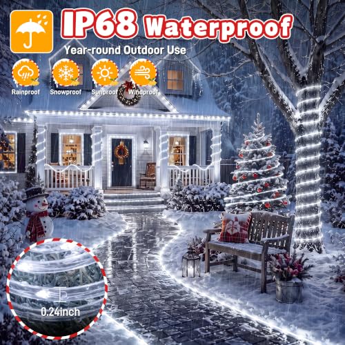Ollny Christmas Rope Lights Outdoor 50 FT 300 LED Cool White with Remote & Modes