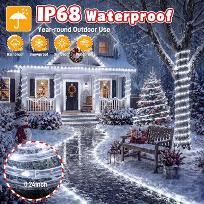 Ollny Christmas Rope Lights Outdoor 50 FT 300 LED Cool White with Remote & Modes