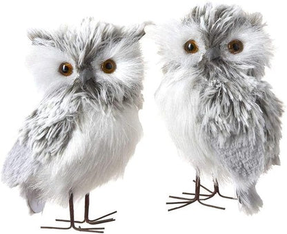 Kurt Adler 5-Inch Furry Gray Owl Figurines - Charming Set of 2 for Home Decor