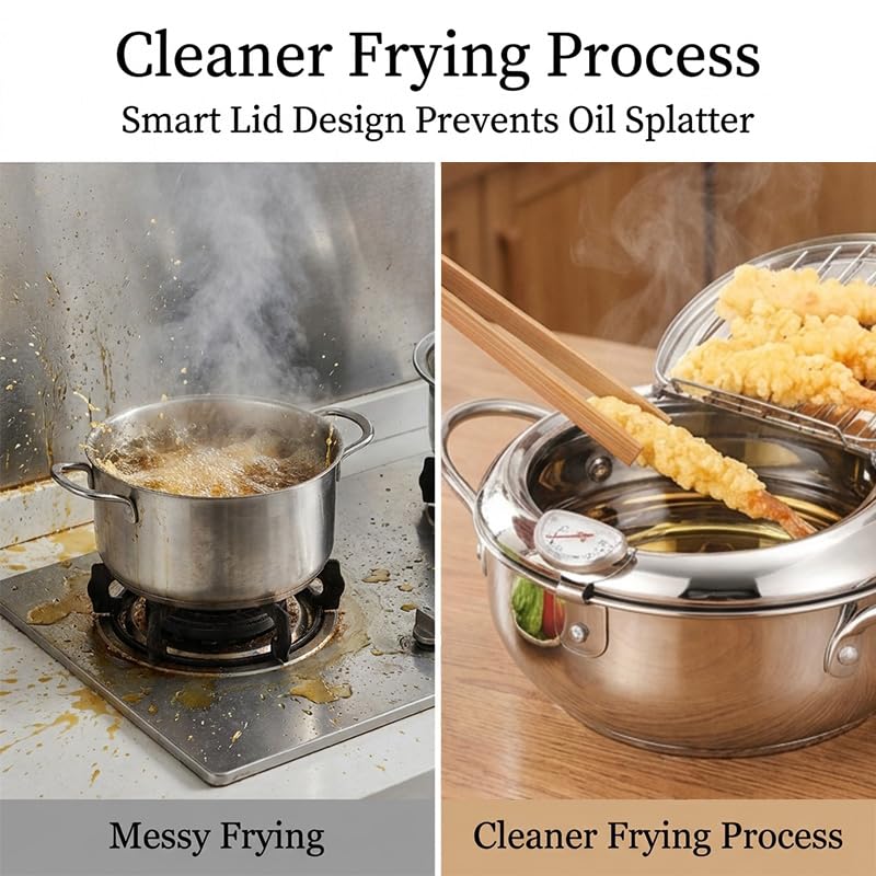 11-Inch Stainless Steel Deep Fryer Pot with Thermometer & Splash Lid - ROVIA