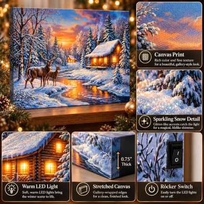 Sunset Gold Deer Cabin Christmas Canvas Wall Art 24x18 with Glitter & Timer