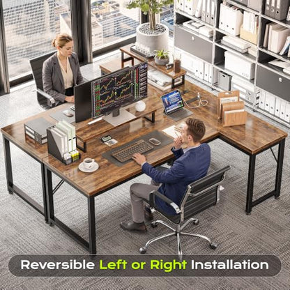 PRAISUN 53-Inch L Shaped Computer Desk with Outlets & Monitor Stand - Rustic Brown