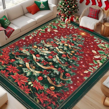 Christmas 5x7 Area Rug - Red Washable Non-Slip Vintage Floor Carpet for Living Room & Kid Room