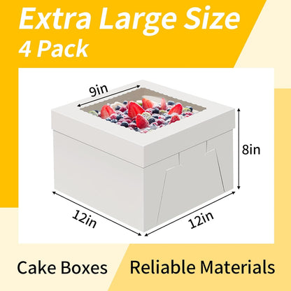 WINKIO 12-Inch Cake Boxes - Disposable Cake Transport Containers with Large Window | 4-Pack, White