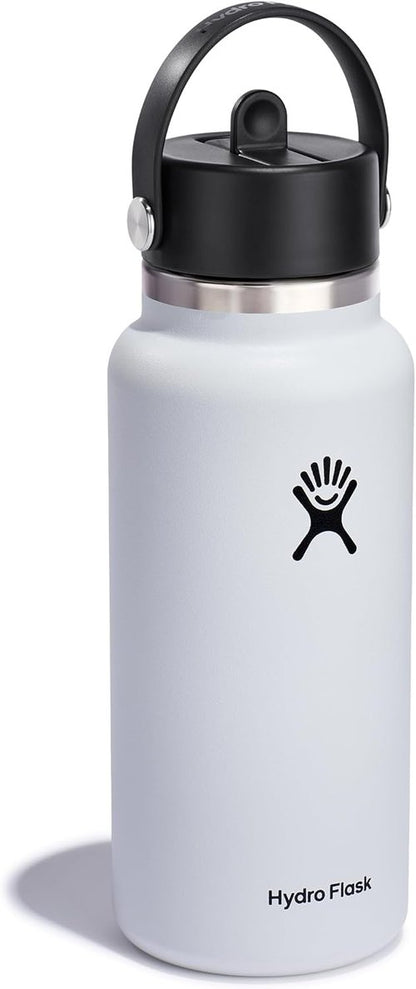 Hydro Flask Water Bottle - Insulated Stainless Steel with Wide Mouth Flex Straw Lid | 32 Oz White, Leakproof & Refillable