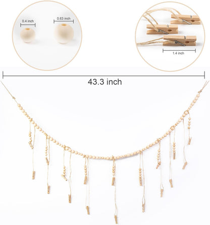 Skiennix Hanging Photo Display - 18 Wood Clips & Boho Wooden Bead Wall Décor for Bedroom & Living Room