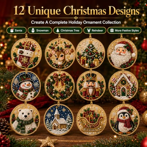 DIY Christmas Ornament Kit - 12 Acrylic Decorations with Pearls & Gems (Style 6)
