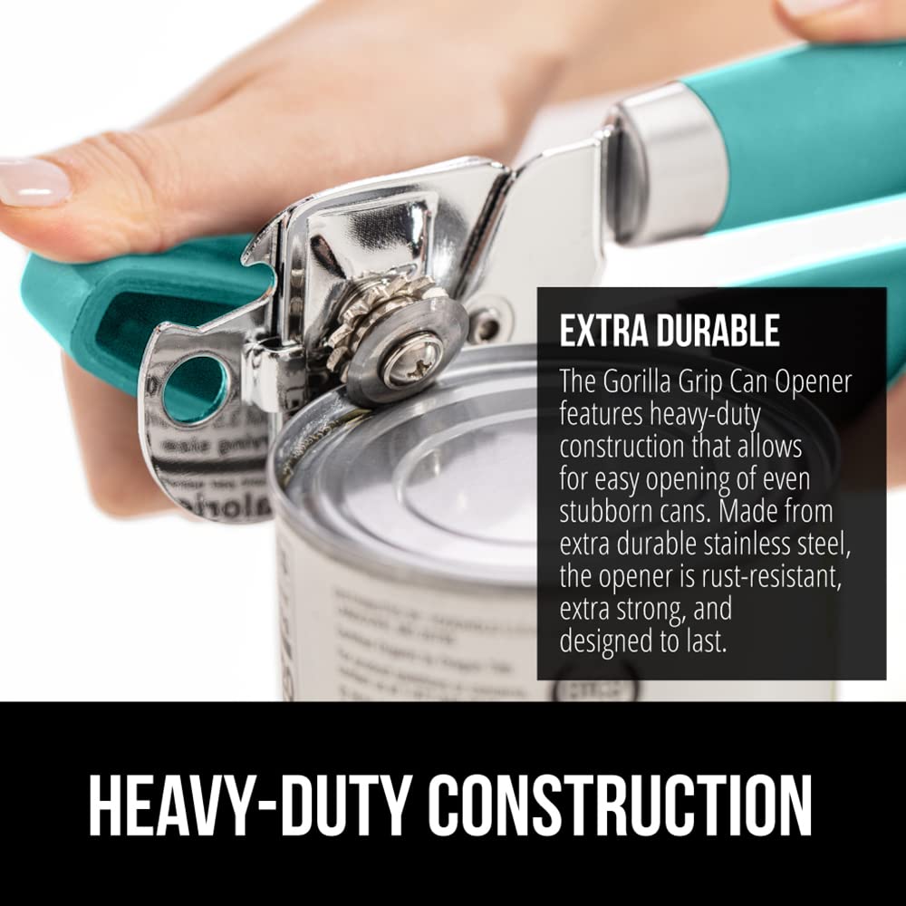 The Original Gorilla Grip Heavy Duty Stainless Steel Smooth Edge Manual Hand Held Can Opener With Soft Touch Handle, Rust Proof Oversized Handheld Easy Turn Knob, Large Lid Openers, Turquoise