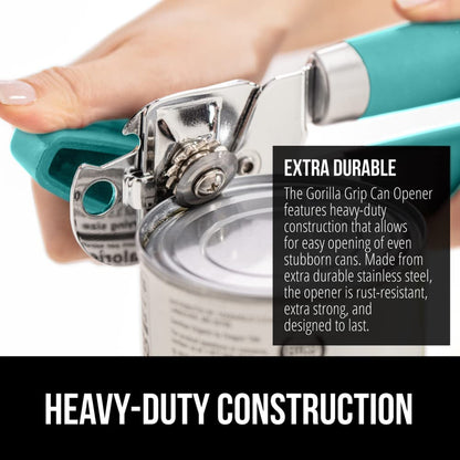 The Original Gorilla Grip Heavy Duty Stainless Steel Smooth Edge Manual Hand Held Can Opener With Soft Touch Handle, Rust Proof Oversized Handheld Easy Turn Knob, Large Lid Openers, Turquoise