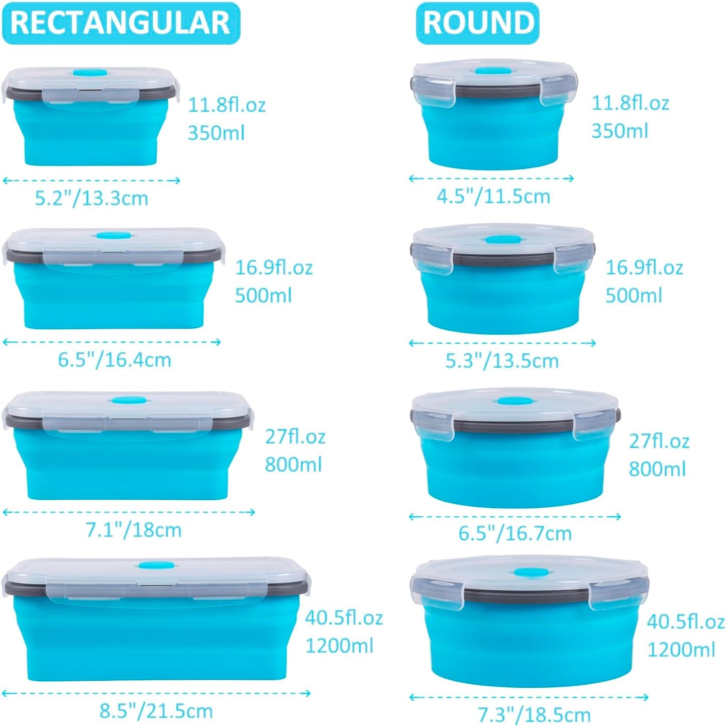 Skiennix Collapsible Food Storage Containers - 8 Pack Silicone Set for Snacks | Microwave & Dishwasher Safe, Blue