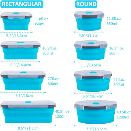 Skiennix Collapsible Food Storage Containers - 8 Pack Silicone Set for Snacks | Microwave & Dishwasher Safe, Blue