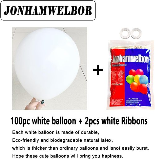 Jonhamwelbor White Balloons - 12-Inch Matte Latex Helium Balloons | 100-Pack for Weddings, Birthdays & Baby Showers