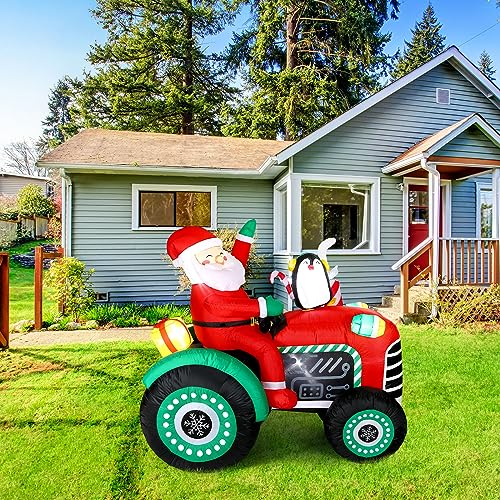 5ft Christmas Inflatable Santa Tractor with Penguin & Lights Outdoor Yard Decor