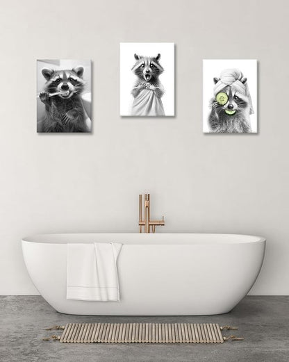 HesenDot Raccoon Wall Art - Funny Black and White Bathroom Canvas Print | 12x16in Cute Decor