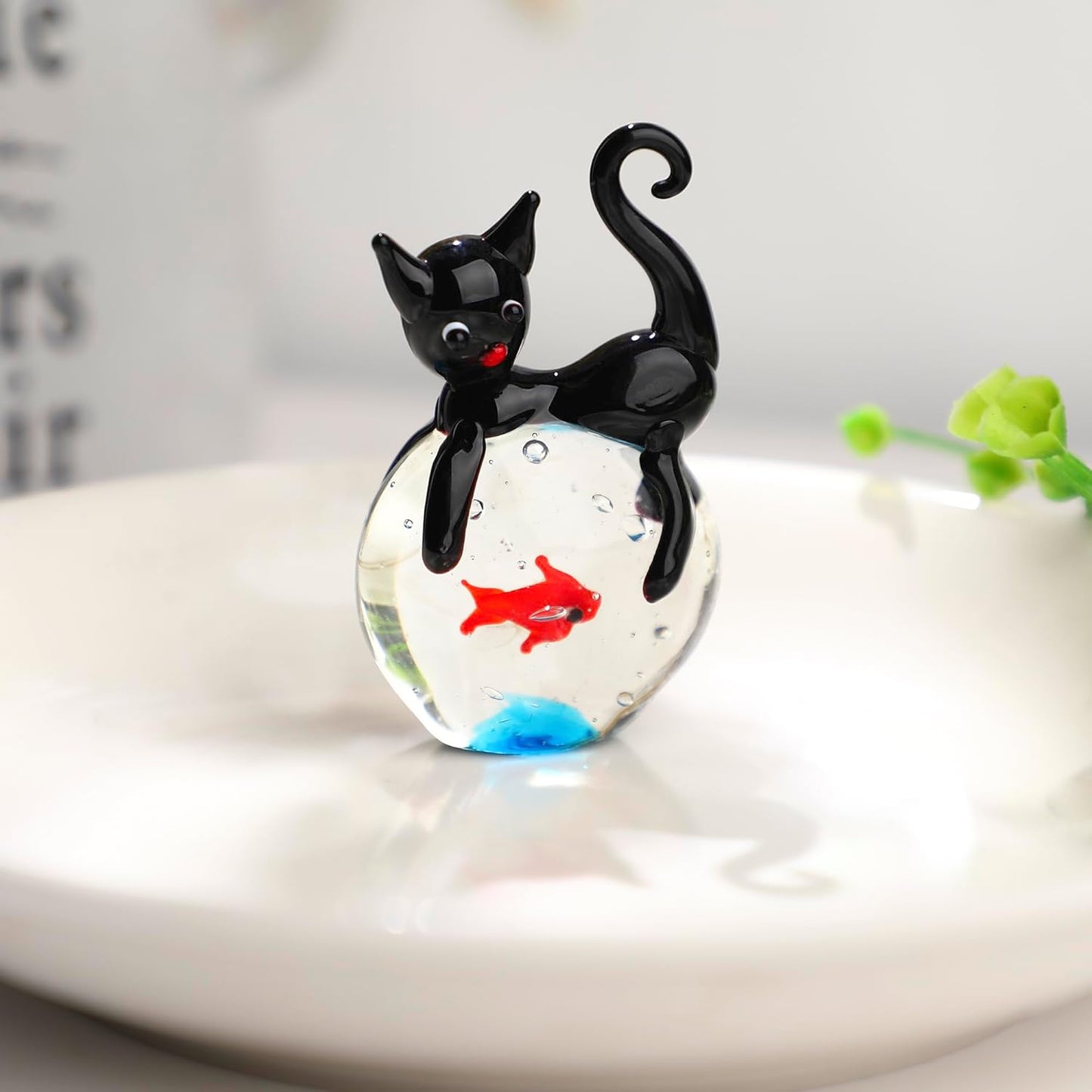 QFkris Blown Glass Black Cat Figurine - 1.6" Mini Glass Animal Sculpture | Unique Home Decor Gift for Cat Lovers