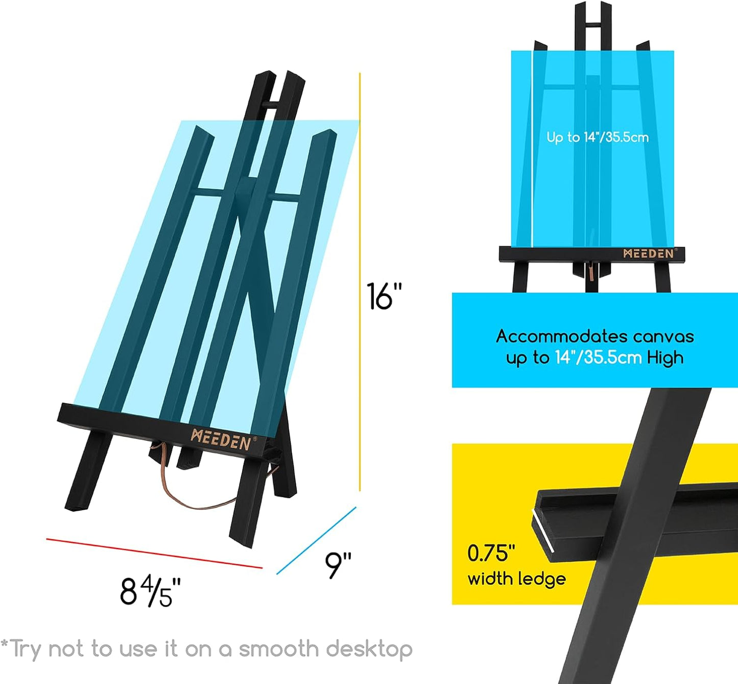 MEEDEN Tabletop Easel Stand - 16" x 12" Pine Wood Display for Painting | Black Mini Easel for Signs & Pictures