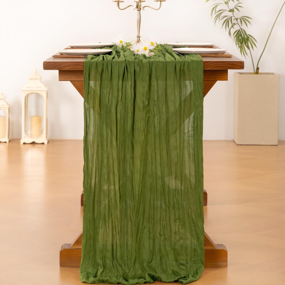 Socomi Cheesecloth Table Runner - 120 Inch Boho Rustic Green for Weddings, Parties & Home Decor