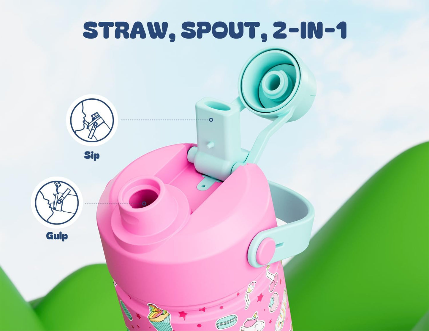 Skiennix 18 oz Kids Water Bottle - Leakproof Insulated Stainless Steel | 2-in-1 Straw Spout Lid, Cute Unicorn Design