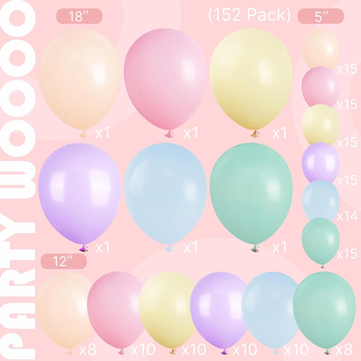 PartyWoo Pastel Balloon Arch Kit - 152-Piece Garland with 18", 12", 10", 5" Balloons in Baby Pink, Blue, Green, Purple, Yellow, Orange for Celebrations